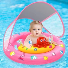 Baby Pool Float with Canopy, Inflatable Baby Swim Float with UPF50+ Sun Protecti