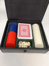 Vintage Poker set With Cards Bakelite Chips Dice And Snap Case
