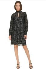 Tommy Hilfiger Women's Black Foil-Dot Chiffon Smocked-Trim Shift Dress Size 6