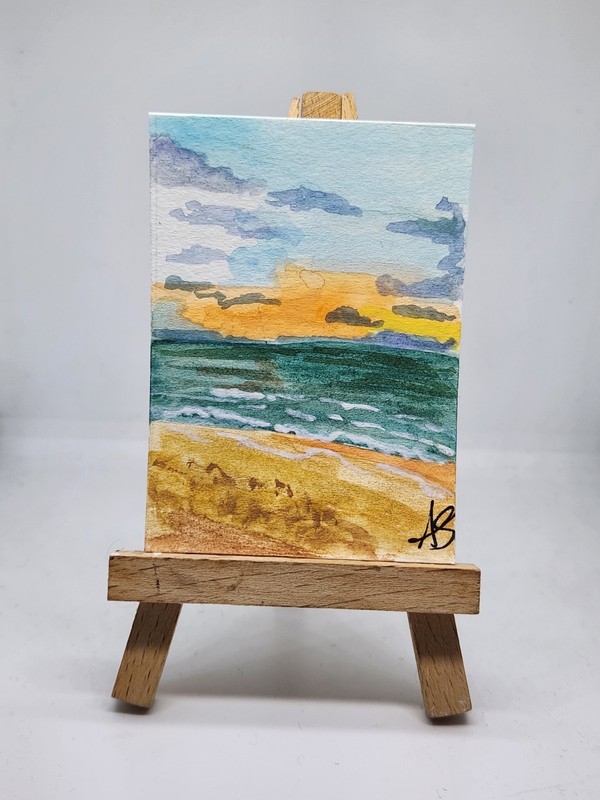 ACEO Original Painting “Relaxation” by Abby Watercolor & Pen 2.5in x 3.5