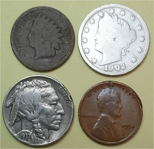 Lot of 4 Old Coins – 1 Indian Head Penny, 1 Lib V 5c, 1 Buffalo 5c & 1 Linc 1c