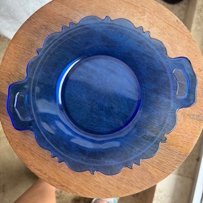 Vintage Cobalt Blue Glass Handled Serving Plate Scalloped Edge 10 Inch