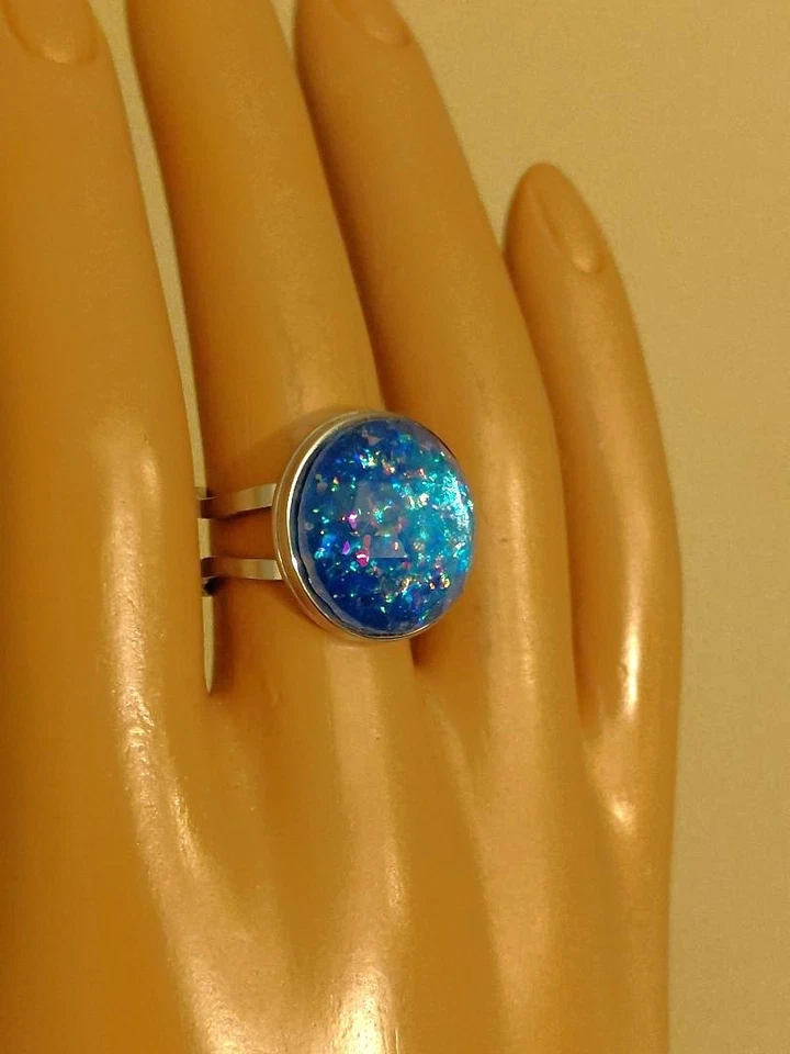 Opal Ring Ice Blue Topaz Resin Opal Ring 18-KT GP or Silver Stainless-Steel - Image 2 of 4