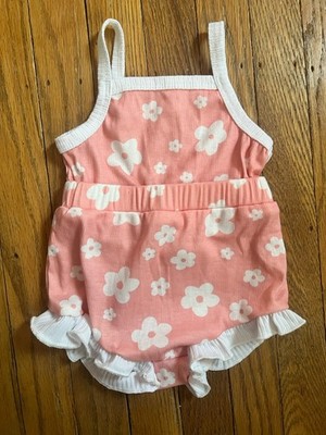 SHEIN Baby Girl Summer One Piece Romper Coral With With Daisys Size 6-9 Months