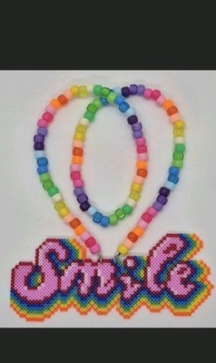 Handcrafted Beaded Statement Necklace Smile Charm Pendant Multicolor Plastic
