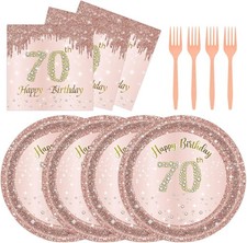 Rose Gold, 7 Inch, 72 Pcs 70th Birthday Plates Napkins and Forks Set
