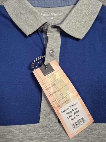 Samuel Windsor Men's Navy Grey Short Sleeve 100% Cotton Polo Shirt Size M BNWT - Picture 4 of 4