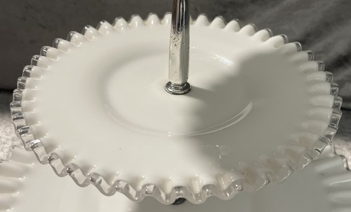 Vintage Fenton Milk Glass 14.5 Inches Tall Silver Crest 3 Tier Tidbit Tray - Picture 9 of 10