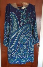 OLD NAVY Women's S Blue Green White Patterned Long Sleeve Rayon Lined Dress