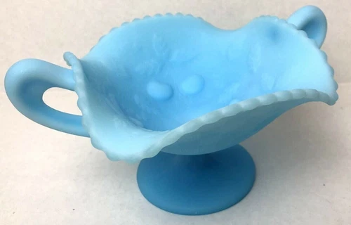 Fenton VTG Blue Satin Embossed 3 Fruit Candy Dish Compote With Handles