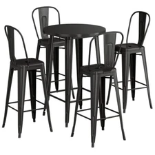 30" Round Black Metal Restaurant Bar Table Set with 4 Cafe Barstool Chairs