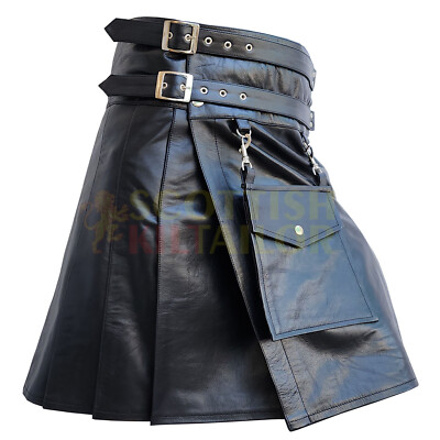 Handmade Utility Kilt For Men Black Cow Leather Detachable Pocket Utility  Kilt