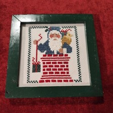 Santa Claus Down the Chimney Wood Framed Needlepoint Wall Decor - Vintage 1960s