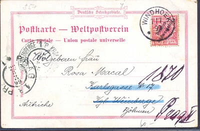 DSWA  WINDHOEK 7/7 99 kl. Kreisstempel  auf Postkarte nach Prag m. Ank.Stempel - Bild 1 von 2