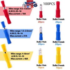 100pcs cold Pressed Bullet Wire Connectors 22-10AWG Male Female Crimp Terminals