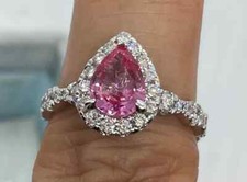 14K White Gold Plated Silver 3Ct Pear Cut Lab Created Pink Sapphire Halo Ring