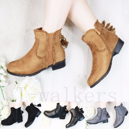 WOMENS LADIES ZIP TASSEL CHUNKY MID LOW BLOCK HEEL WORK ANKLE BOOTS SHOES SIZE - Picture 1 of 12