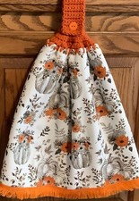 Double hanging kitchen towel Fall pumpkins crocheted orange top