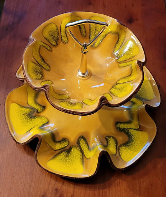 Mid Century Modern Sequoia Pottery Two-Tier Candy ~ Nuts ~ Tidbits ~ Glazed Art