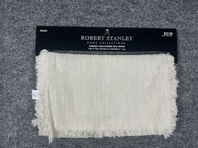 Robert Stanley Shimmer Table Runner with Fringe Cream Gold 14x72 NWT 5982806