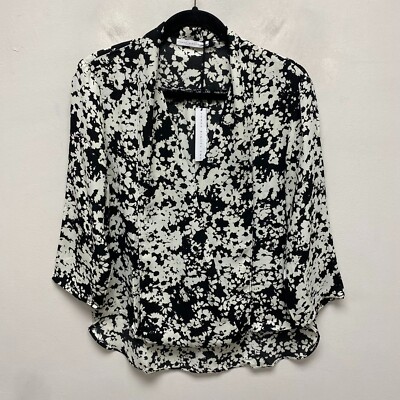 Three Eighty Two Womens Black Ivory Floral Casual Button Down Long Sleeve Top L