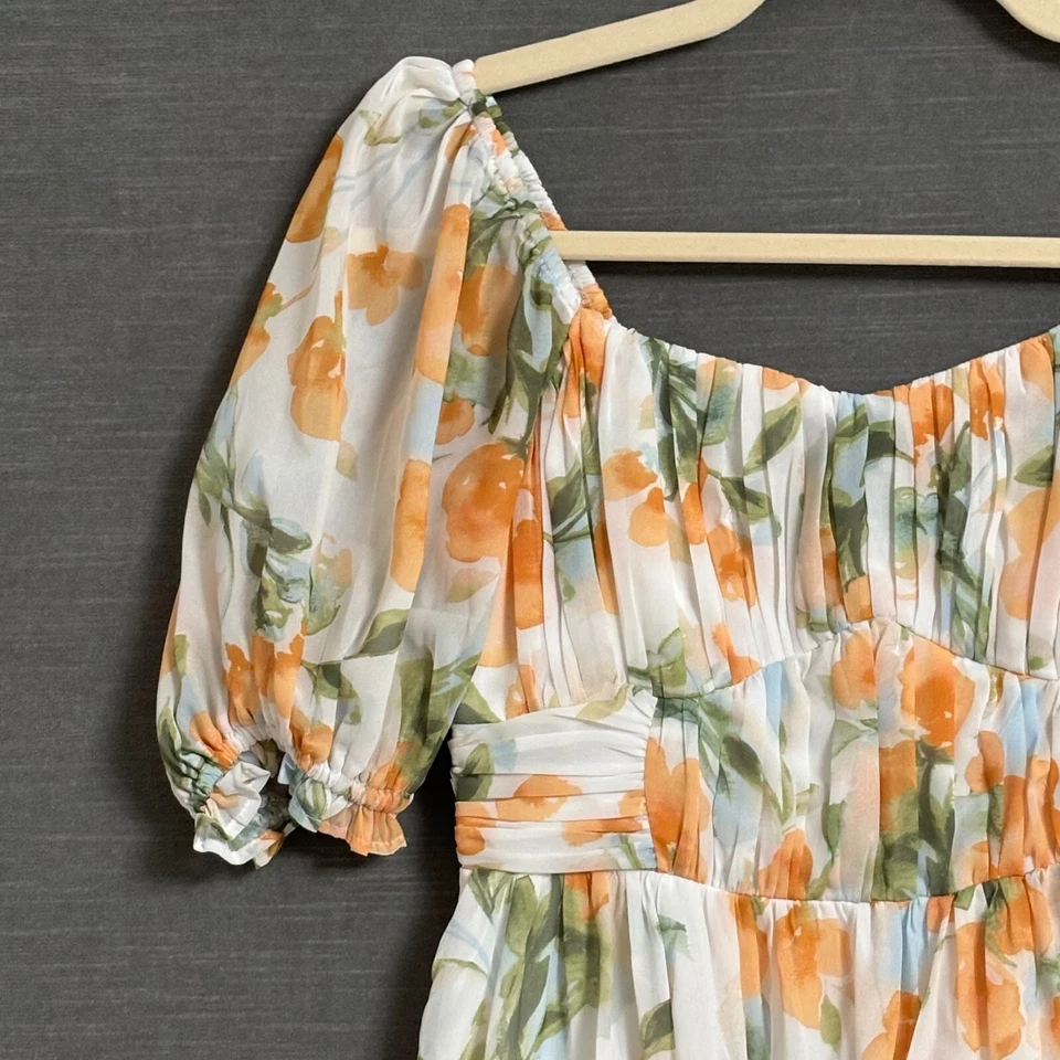 Abercrombie Fitch Dress XS Orange Green Floral Mini Puff Romantic Flowy Summer - Image 3 of 4