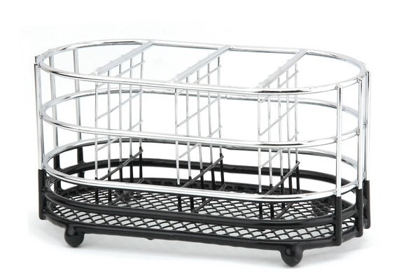 Utensil Holder Chrome Cutlery Storage Black Plastic Drain Oval Compartments Rack
