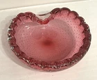 Murano Italy Cranberry Art Glass Ashtray Bowl Controlled Bubble Bullicante MCM