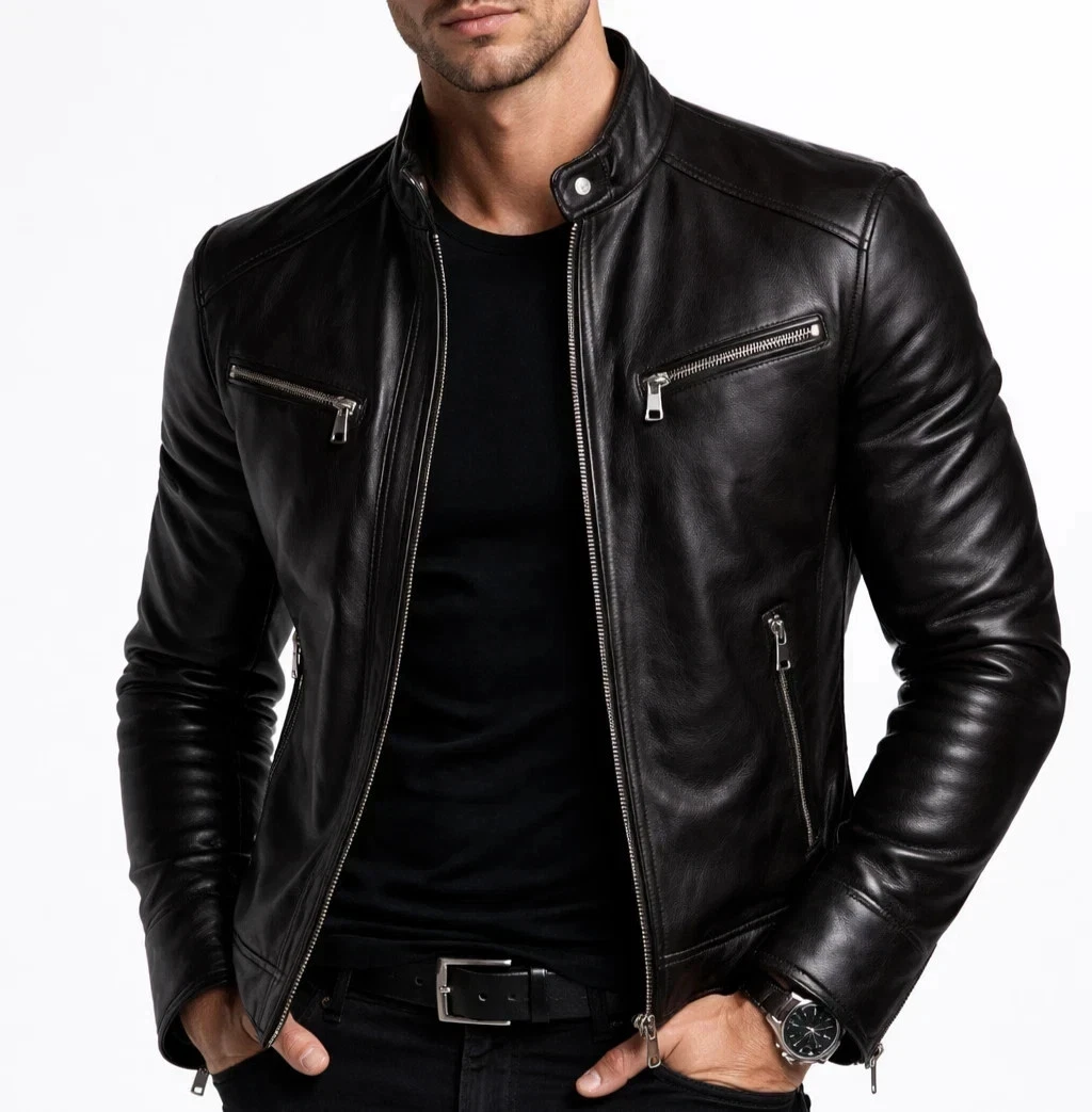 Men’s Black Leather Jacket Slim Fit Style Real Lambskin Biker Cafe Racer Jacket