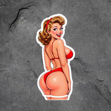 Pinup Girl Sticker Vinyl Decal Retro Red Bikini Back View Smiling Bombshell