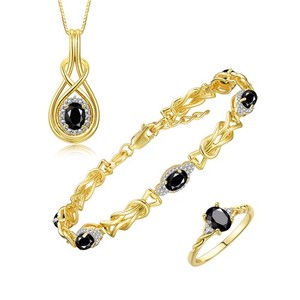 Authentic Rylos Gold Plated Silver Faceted Onyx & Diamond Love Knot Matching Set Sz 5-10