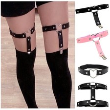 Women PU Leather Thigh Garter Belt Heart Elastic Leg Harness Gothic Pink  Black