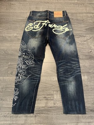 Ed Hardy ペイントデニム　y2k ビッグデニム　00s vintage Vintage Y2K Ed Hardy denim jeans spell out embroidered distressed