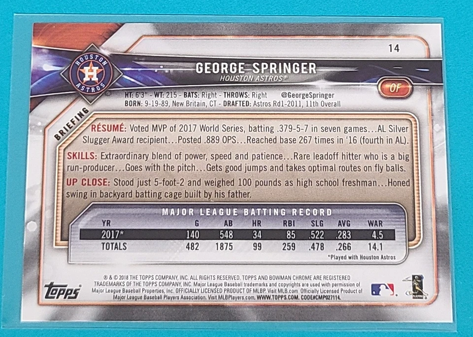 2018 Bowman #14 George Springer Houston Astros Baseball Card F4 - Image 2 of 2