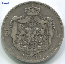 Romania 1881, 5 Lei silver coin KM#17.1, Carol I Rege Al Romaniei (no Romania)