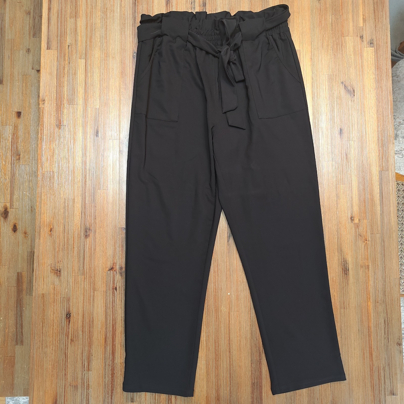 Grace Karin Paper Bag Pants Women's 2XL Black Elastic High Waist Tie Belt