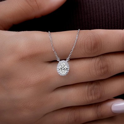 1.25CT Oval Lab Grown Diamond Halo Pendant IGI VS1 14K White Gold + 18'' Chain