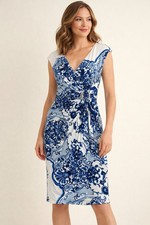 Joseph Ribkoff Blue White Wrap Dress Size 8 Baroque Floral Buckle Stretch