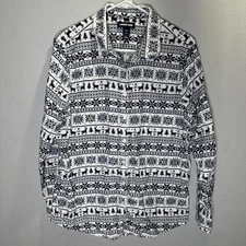 Lands End Womens Size 14Fair Isle Flannel Button Up Shirt Reindeer Snowflake Top