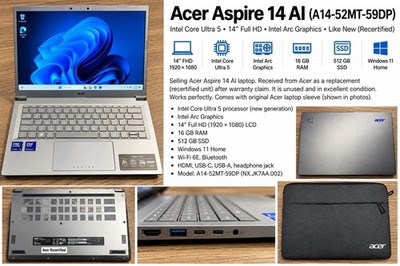 Acer Aspire 14 AI A14-52MT-59DP 14in FHD Ultra 5 16GB 512GB SSD W11H