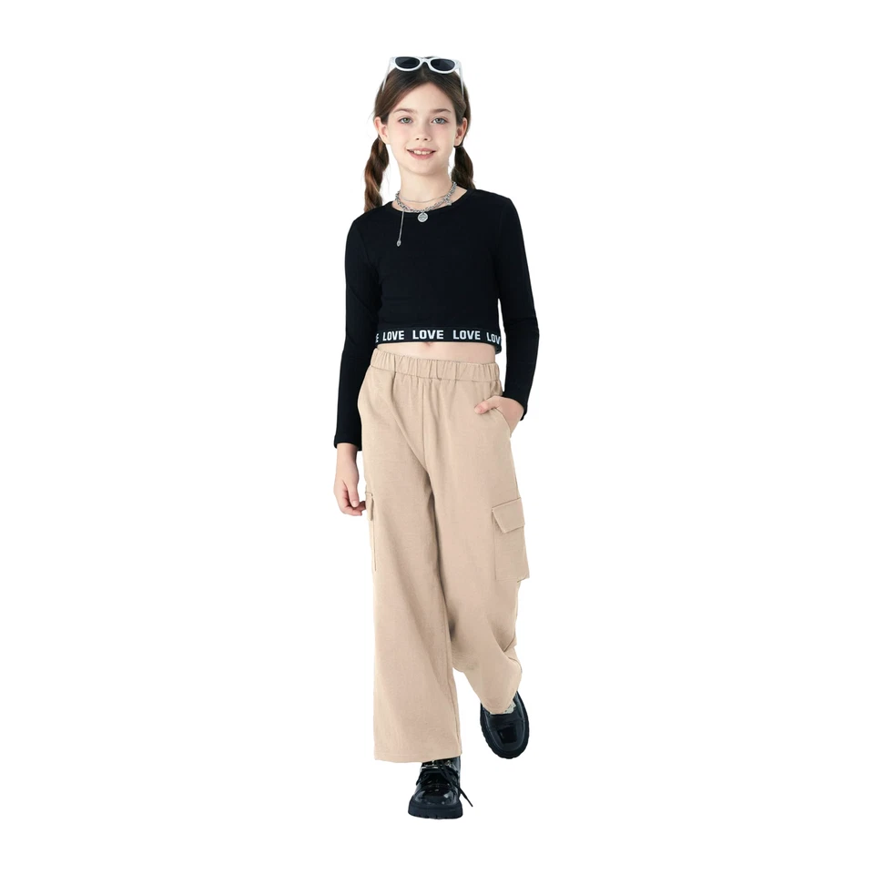 Ensemble 2 pièces fille crop top + pantalon hip-hop noir beige 10-11 ans - Photo 1/4
