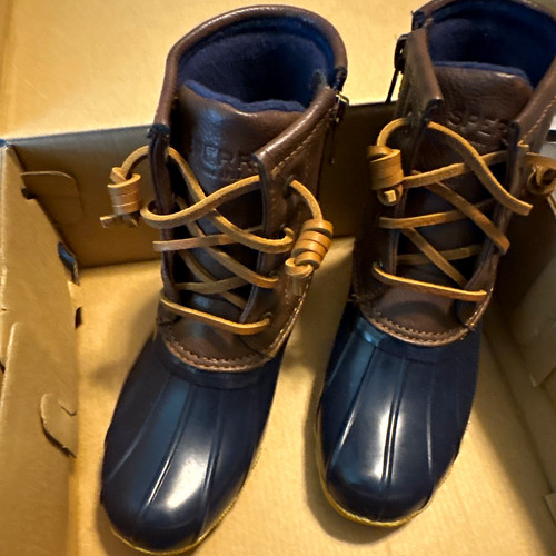 Sperry Saltwater Girls Ankle Rain Boots Navy/Brown Zip Lace US 13 M