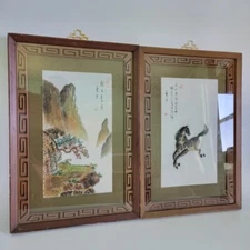 Vintage 3D Shadow Box SeaShell Art Chinese Mountain Landscape Horse Set of 2