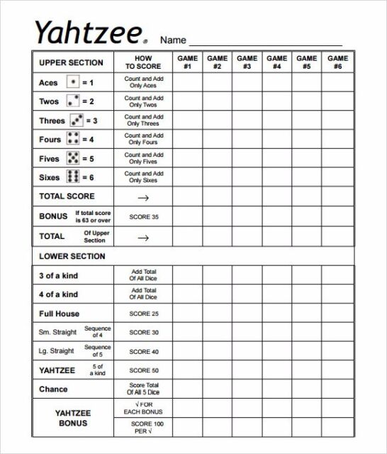 yahtzee score pad pdf