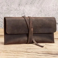 Retro Crazy Horse Leather Roll Up Pencil Case Pen Pouch Sunglasses Storage Bag*