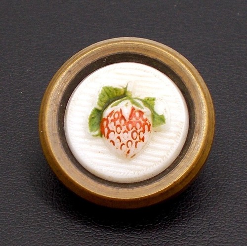 Antique Victorian Milk Glass Jewel Drum Button Raised Strawberry Brass Rim 1" - Picture 3 of 9
