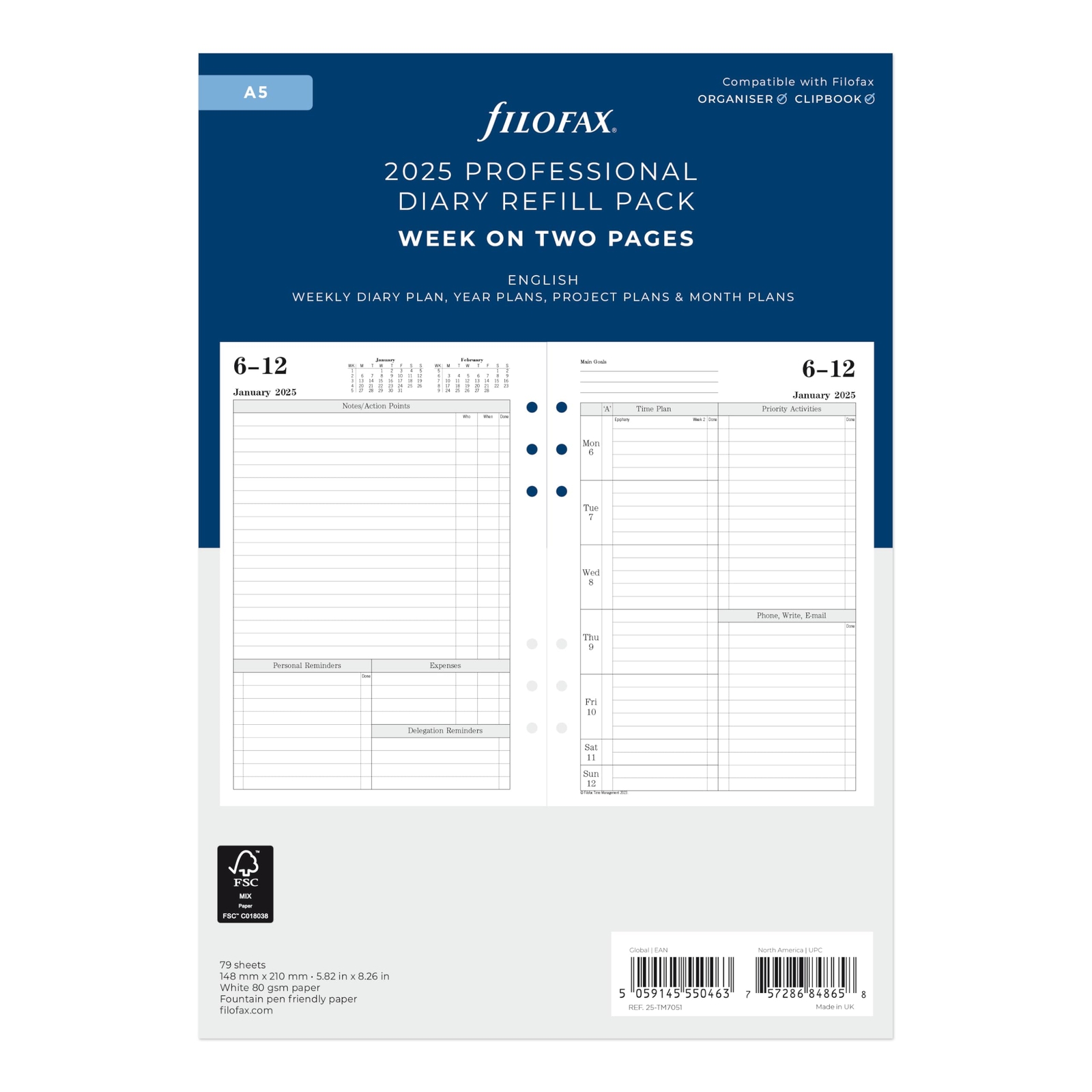 Filofax Calendar Diary Refill A5 Size Week-to-View with Appointments Time Man...