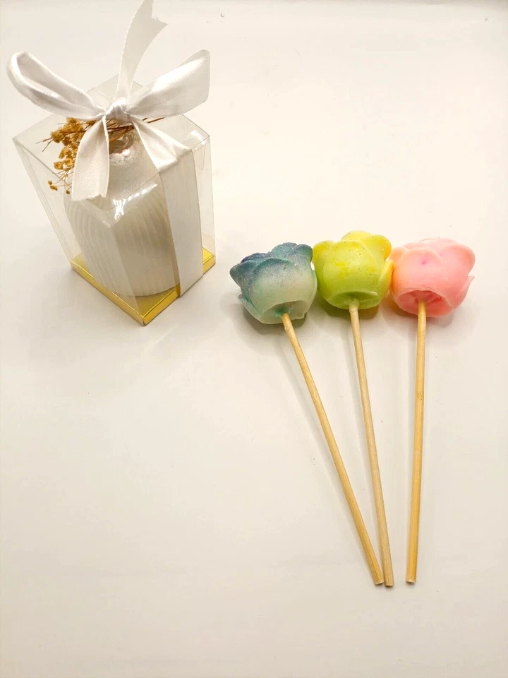 3 rosas de cera perfumadas en azul, amarillo y rosa con molde de yeso Foto 4 de 4