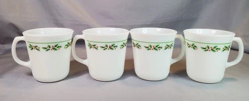 Corning Holly Days Milk Glass Christmas Mugs Cups Corelle Set of 4 Black Vein