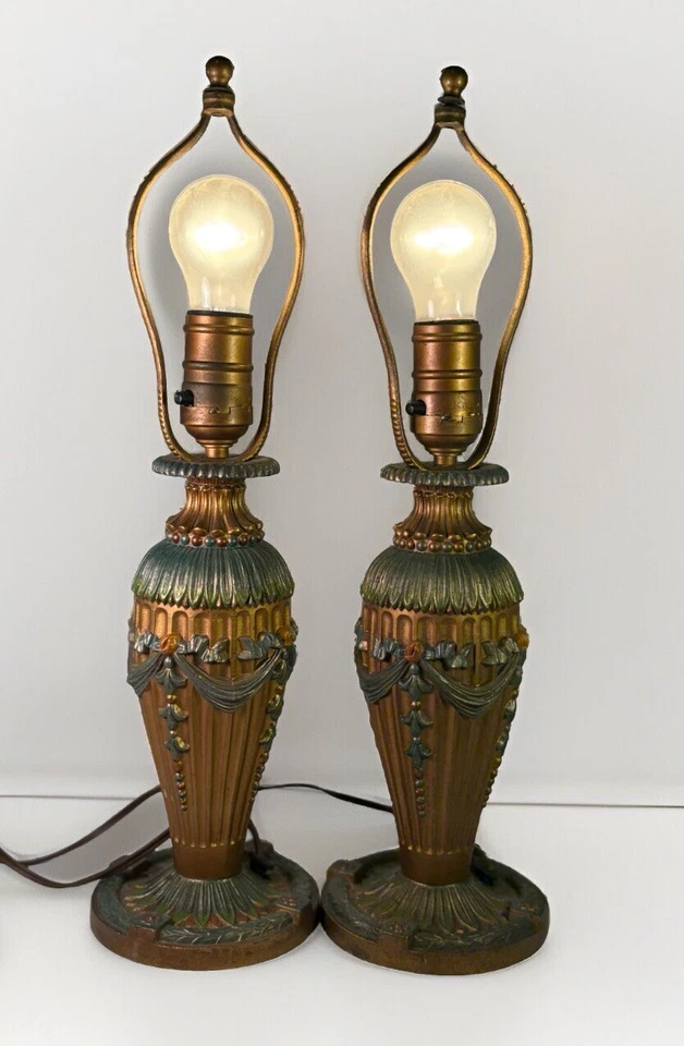 Vintage Pair Of 2 Art Deco Cast Iron Lamps With Ornate Floral Design WORKING!!! - Image 2 of 4